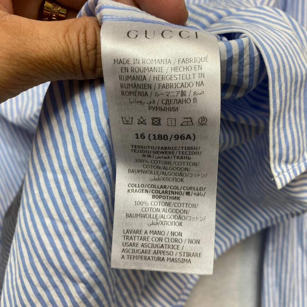 GUCCI Uniform Shirt Mens 16 Blue Long Sleeve White Collar Button Down Stripe